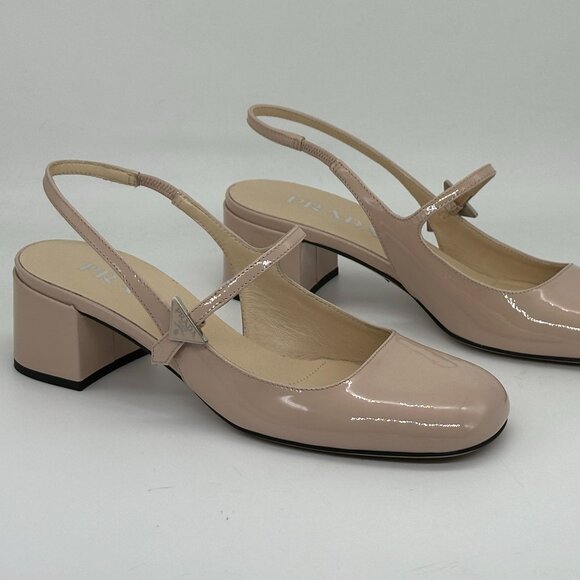 PRADA Decolette Logo Patent Leather Slingback Mary Jane Pumps Heel Sandals - Picture 9 of 15